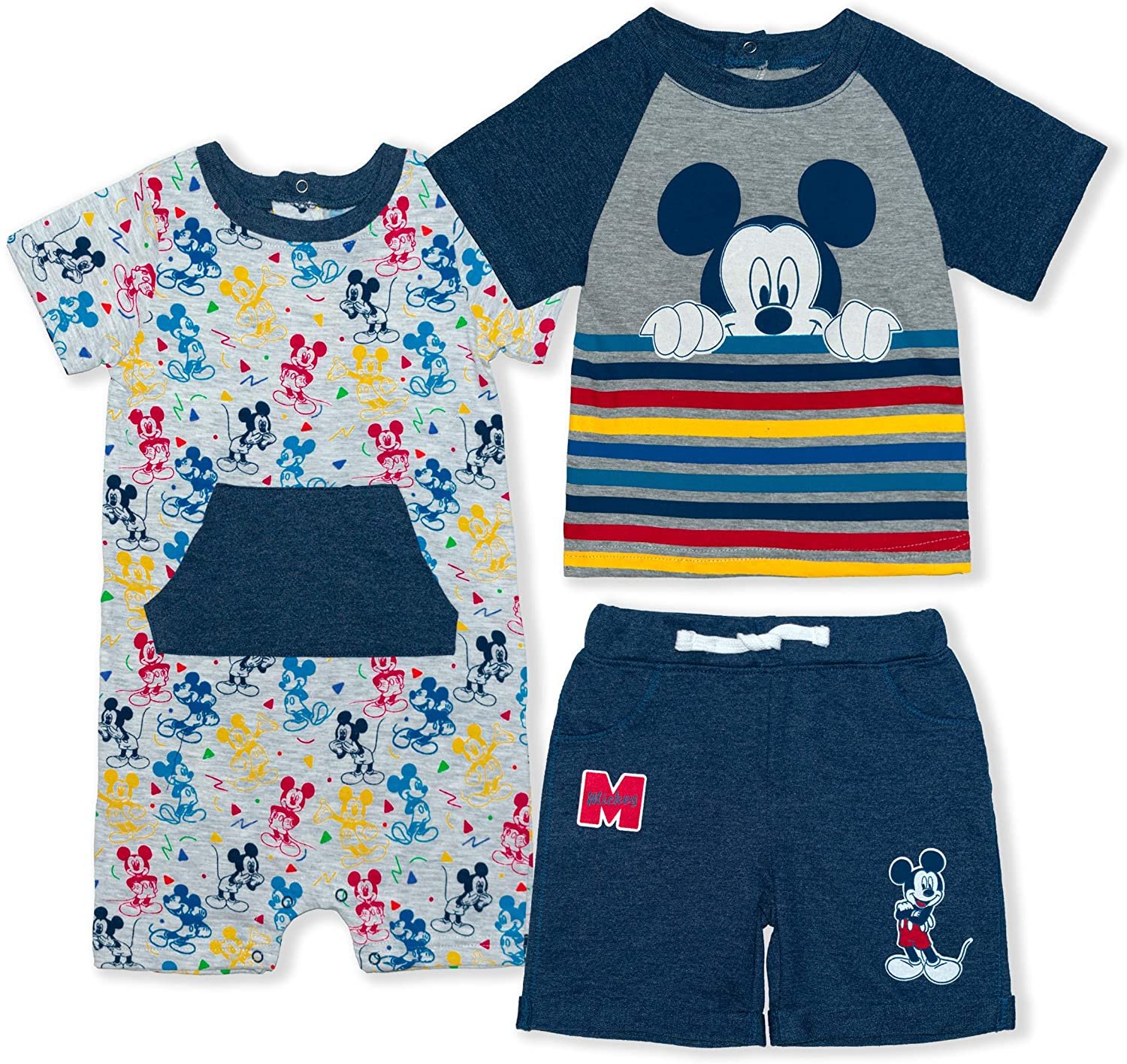 Disney Boy's Mickey Mouse Baby Shorts, Tee and Romper Toddler Clothes Set